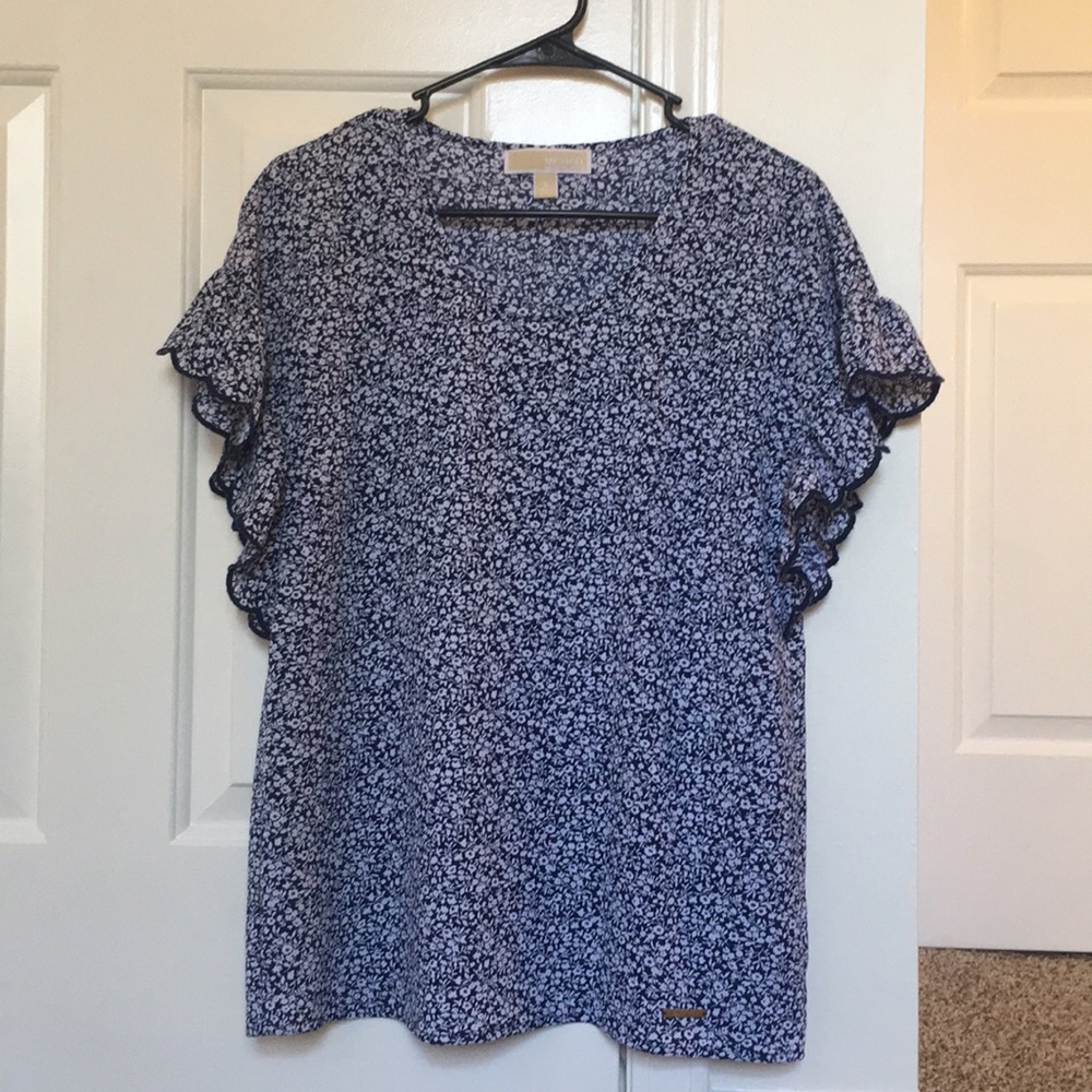 MICHAEL Kors Navy Flutter Sleeve Floral Blouse Top
